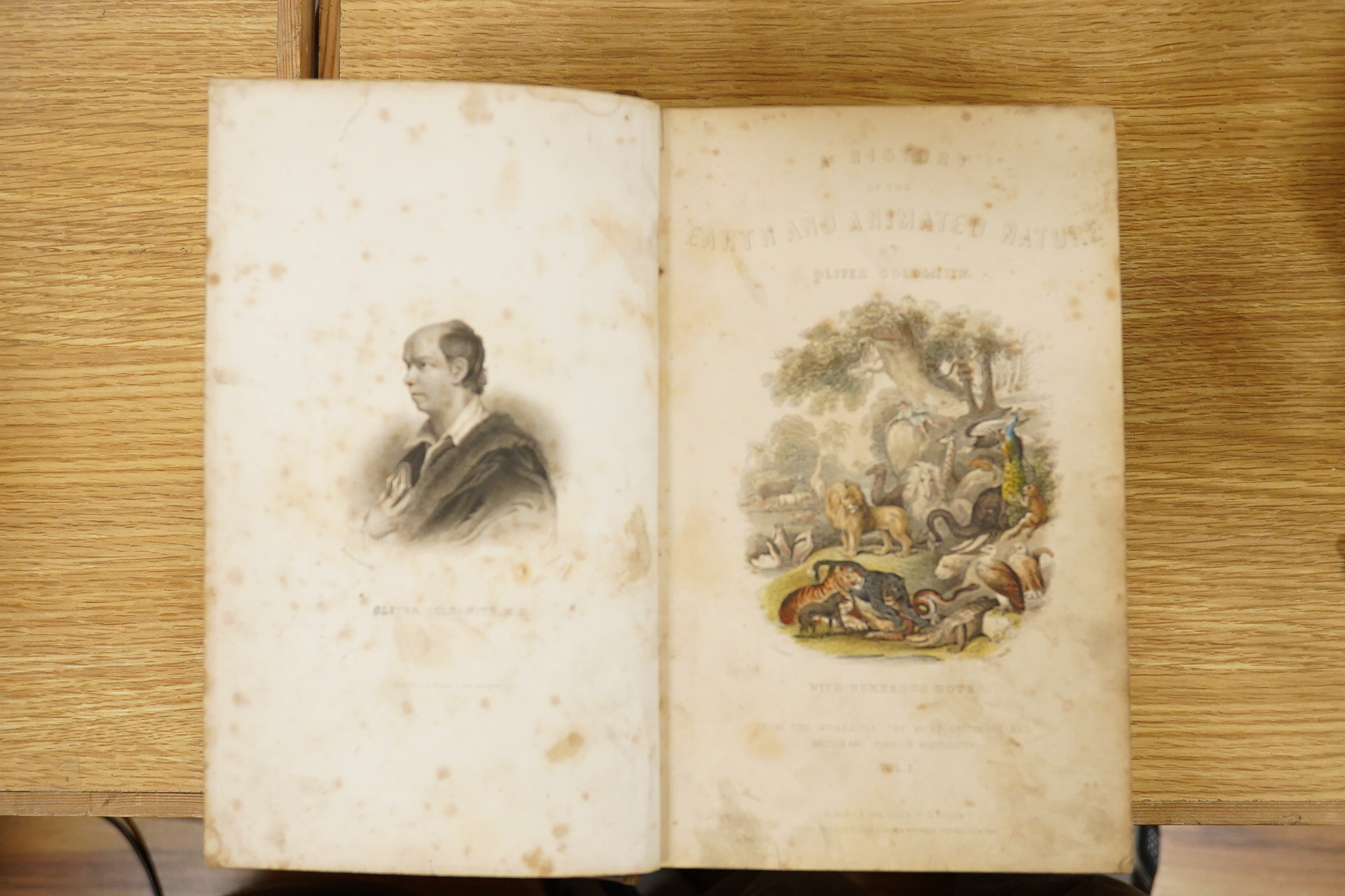 Goldsmith, Oliver - A History of the Earth and Animated Nature... 2 vols, coloured pictorial and printed titles, num. coloured and other plates, text engravings; contemp. half calf and cloth, panelled spines 4to. 1856-57